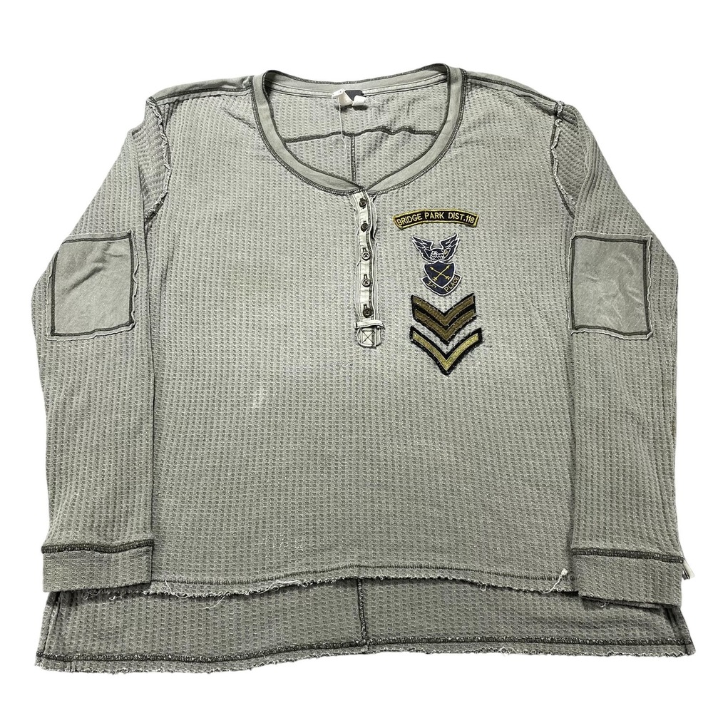 We The Free Shirt Womens Medium Green Thermal‎ Waffle Henley Military Patch